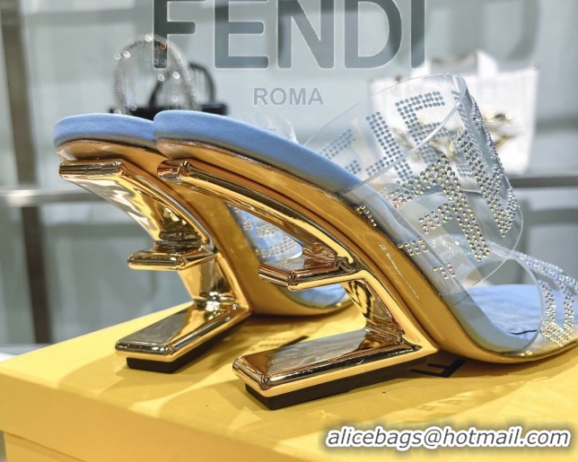Lower Price Fendi First Heel Slides Sandal 10cm in Strass FF PVC Light Blue 0426007