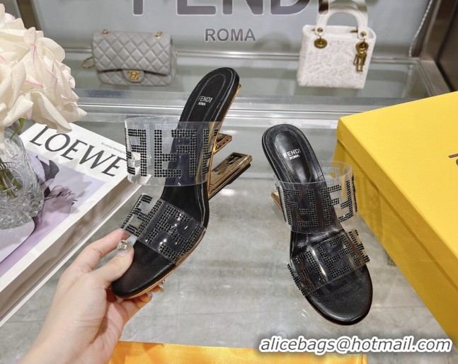 Good Quality Fendi First Heel Slides Sandal 10cm in Strass FF PVC Black 0426008