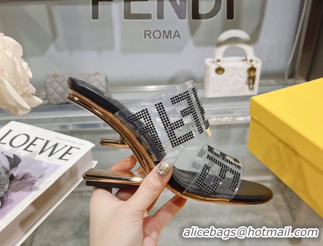 Good Quality Fendi First Heel Slides Sandal 10cm in Strass FF PVC Black 0426008