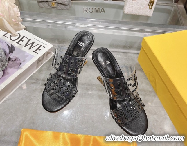 Good Quality Fendi First Heel Slides Sandal 10cm in Strass FF PVC Black 0426008