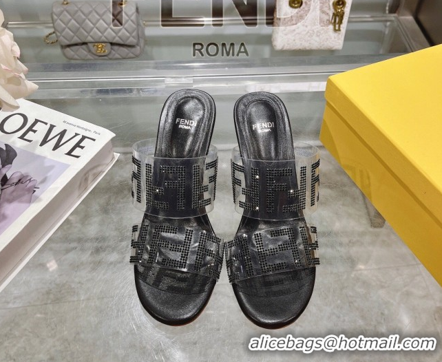 Good Quality Fendi First Heel Slides Sandal 10cm in Strass FF PVC Black 0426008