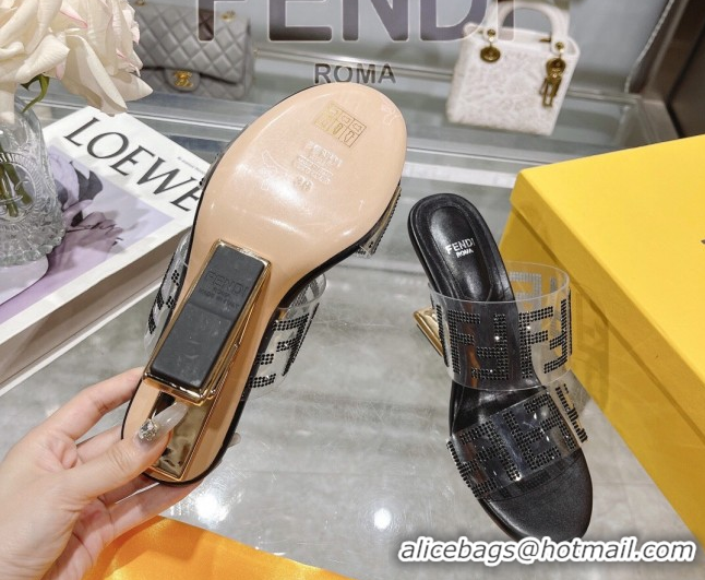 Good Quality Fendi First Heel Slides Sandal 10cm in Strass FF PVC Black 0426008