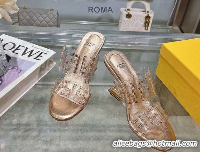 Top Grade Fendi First Heel Slides Sandal 10cm in Strass FF PVC Rose Gold 0426010