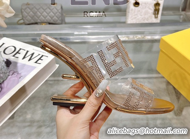 Top Grade Fendi First Heel Slides Sandal 10cm in Strass FF PVC Rose Gold 0426010