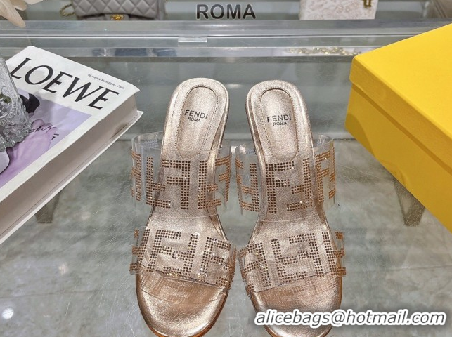 Top Grade Fendi First Heel Slides Sandal 10cm in Strass FF PVC Rose Gold 0426010