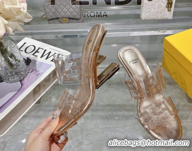Top Grade Fendi First Heel Slides Sandal 10cm in Strass FF PVC Rose Gold 0426010