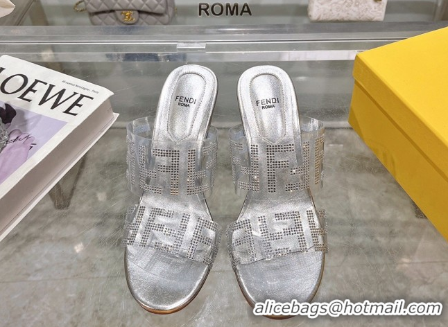 Durable Fendi First Heel Slides Sandal 10cm in Strass FF PVC Silver 0426011