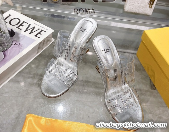 Durable Fendi First Heel Slides Sandal 10cm in Strass FF PVC Silver 0426011