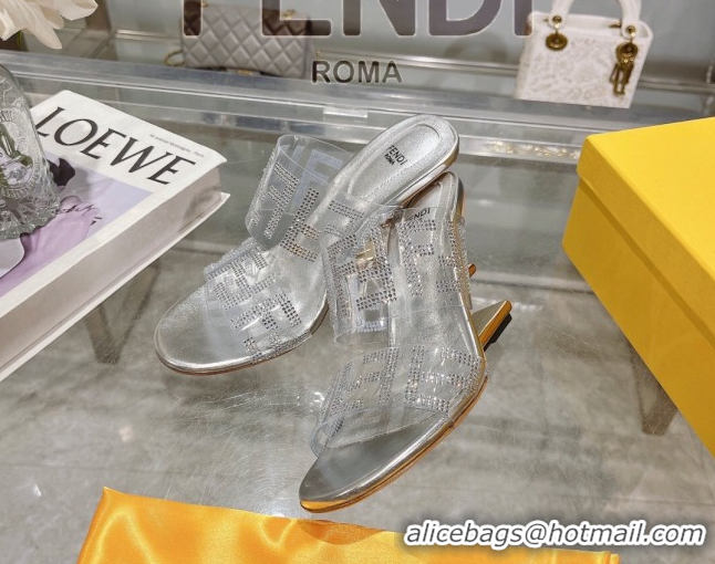 Durable Fendi First Heel Slides Sandal 10cm in Strass FF PVC Silver 0426011