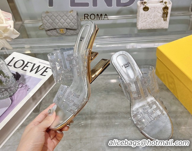 Durable Fendi First Heel Slides Sandal 10cm in Strass FF PVC Silver 0426011