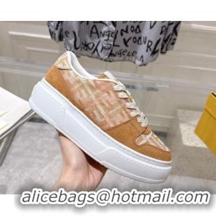 Stylish Fendi Match Platform Sneakers 5cm in FF Jacquard and Suede Light Brown 0426025