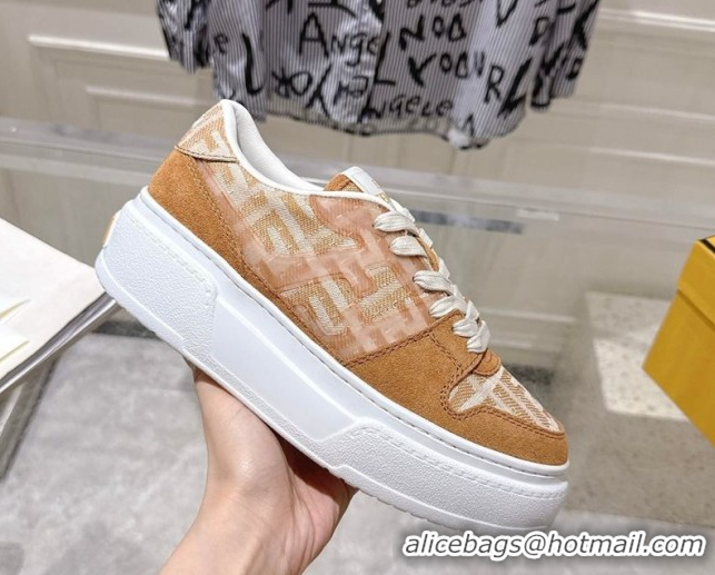 Stylish Fendi Match Platform Sneakers 5cm in FF Jacquard and Suede Light Brown 0426025