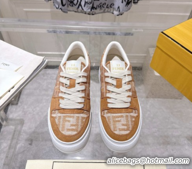 Stylish Fendi Match Platform Sneakers 5cm in FF Jacquard and Suede Light Brown 0426025