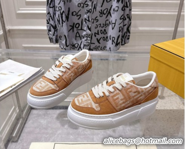 Stylish Fendi Match Platform Sneakers 5cm in FF Jacquard and Suede Light Brown 0426025