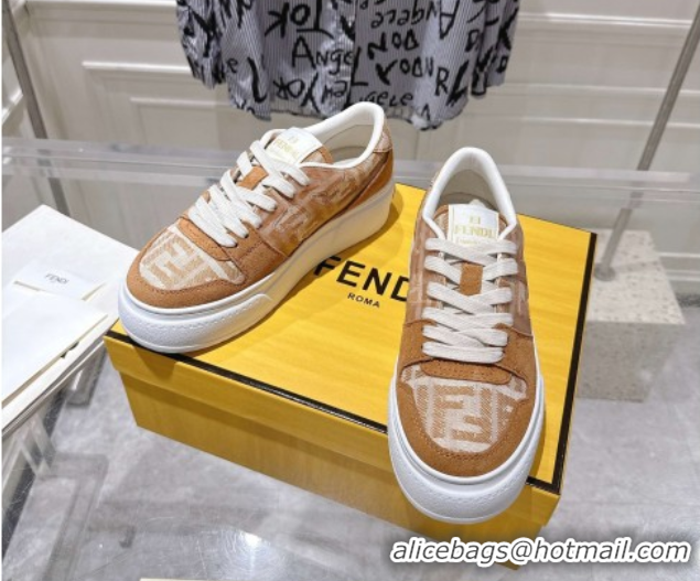 Stylish Fendi Match Platform Sneakers 5cm in FF Jacquard and Suede Light Brown 0426025