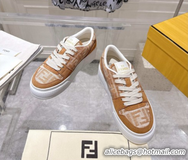 Stylish Fendi Match Platform Sneakers 5cm in FF Jacquard and Suede Light Brown 0426025