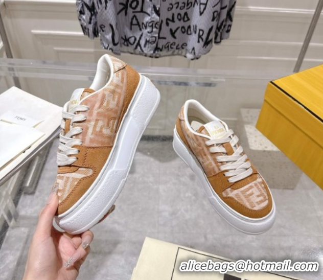 Stylish Fendi Match Platform Sneakers 5cm in FF Jacquard and Suede Light Brown 0426025