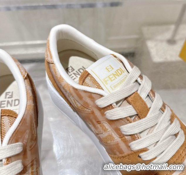 Stylish Fendi Match Platform Sneakers 5cm in FF Jacquard and Suede Light Brown 0426025