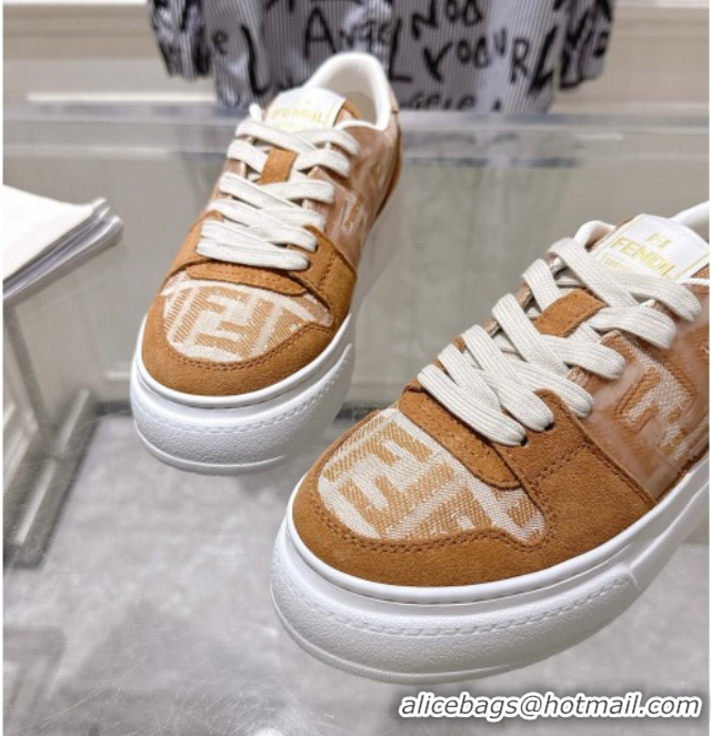 Stylish Fendi Match Platform Sneakers 5cm in FF Jacquard and Suede Light Brown 0426025