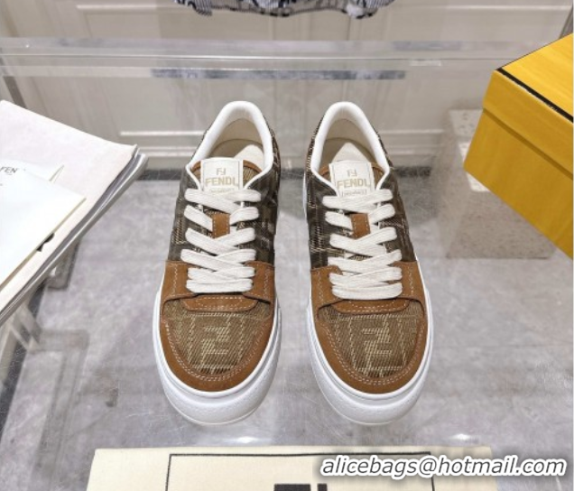 Perfect Fendi Match Platform Sneakers 5cm in FF Jacquard and Suede Tan Brown 0426027