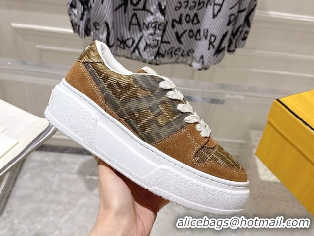Perfect Fendi Match Platform Sneakers 5cm in FF Jacquard and Suede Tan Brown 0426027