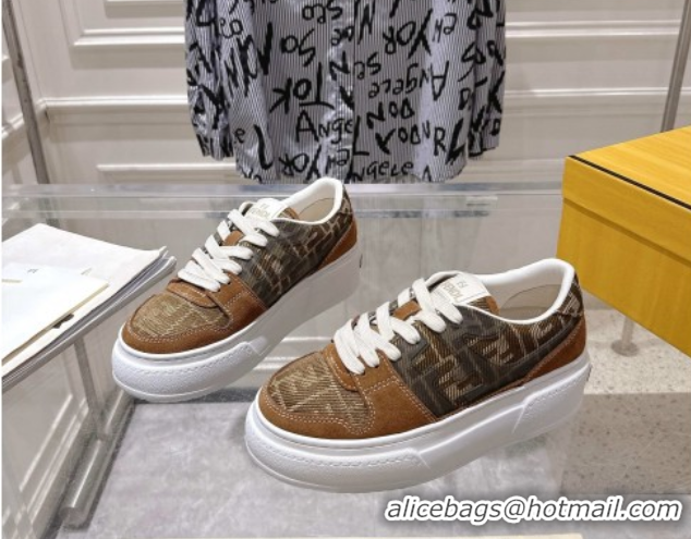 Perfect Fendi Match Platform Sneakers 5cm in FF Jacquard and Suede Tan Brown 0426027