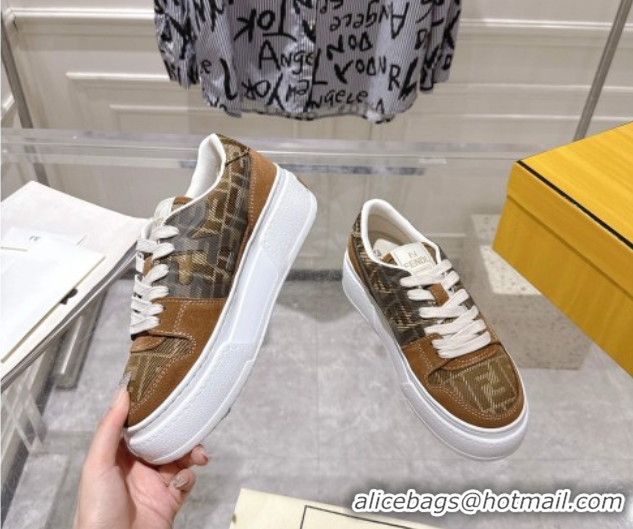Perfect Fendi Match Platform Sneakers 5cm in FF Jacquard and Suede Tan Brown 0426027