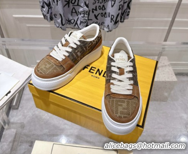 Perfect Fendi Match Platform Sneakers 5cm in FF Jacquard and Suede Tan Brown 0426027