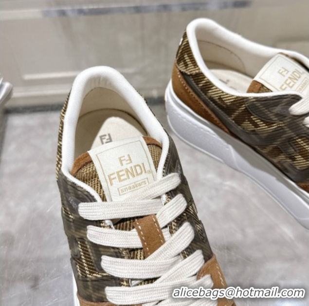Perfect Fendi Match Platform Sneakers 5cm in FF Jacquard and Suede Tan Brown 0426027