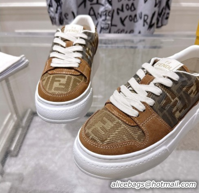 Perfect Fendi Match Platform Sneakers 5cm in FF Jacquard and Suede Tan Brown 0426027