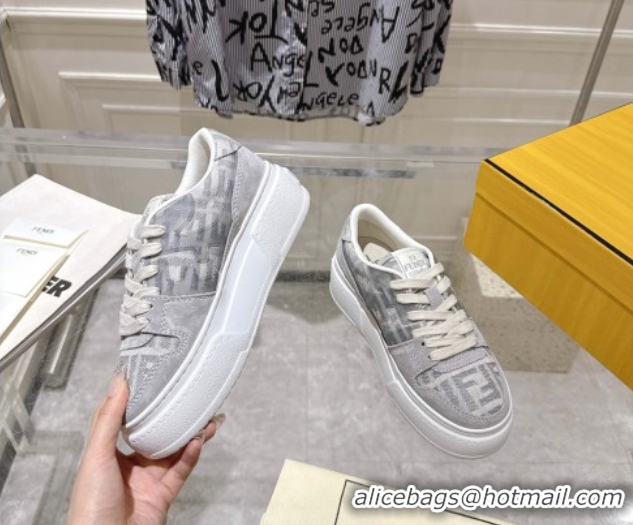 Stylish Fendi Match Platform Sneakers 5cm in FF Jacquard and Suede Light Grey 0426028