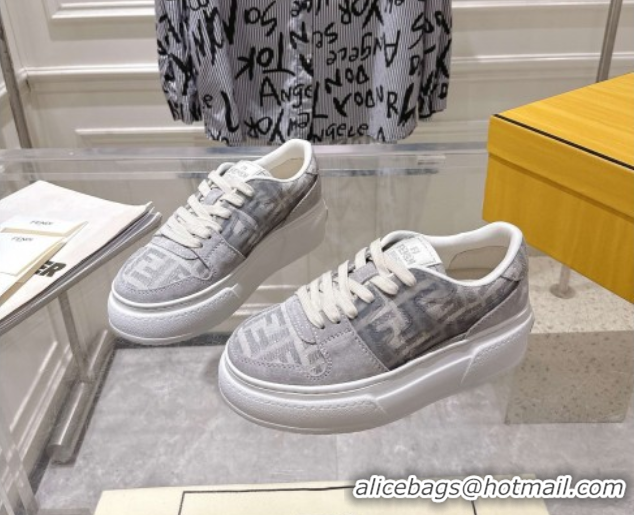 Stylish Fendi Match Platform Sneakers 5cm in FF Jacquard and Suede Light Grey 0426028