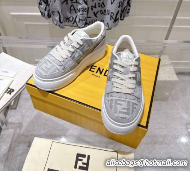 Stylish Fendi Match Platform Sneakers 5cm in FF Jacquard and Suede Light Grey 0426028