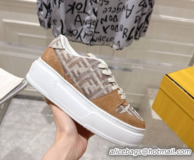 Hot Style Fendi Match Platform Sneakers 5cm in FF Jacquard and Suede Brown 0426030