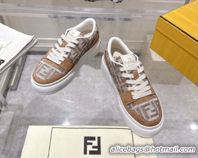 Hot Style Fendi Match Platform Sneakers 5cm in FF Jacquard and Suede Brown 0426030