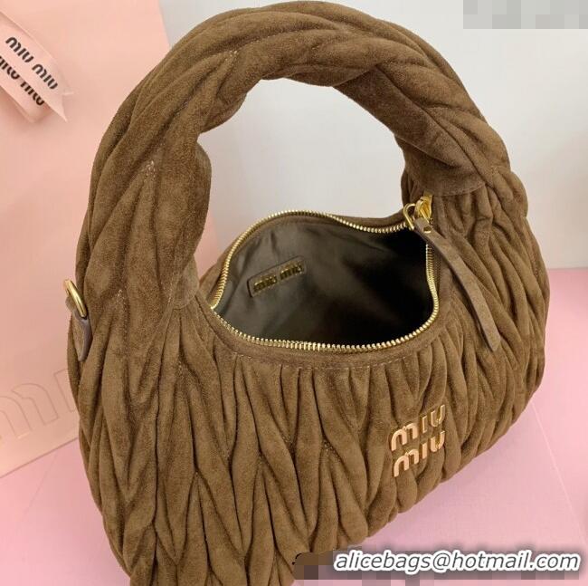 Luxurious Miu Miu Wander Matelasse Suede Medium Hobo bag 5BC153 Brown 2025