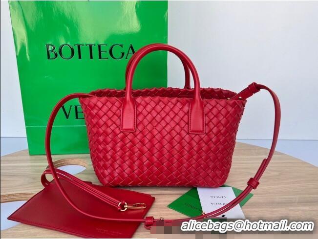 New Cheap Bottega Veneta Mini Cabat Tote Bag in Intreccio Leather 709464 Red 2025