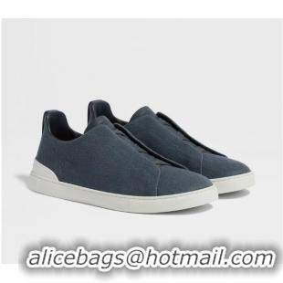 Spot Discount Zegna Cotton Linen And Leather Triple Stitch Sneakers Z8411 Dark Teal Blue