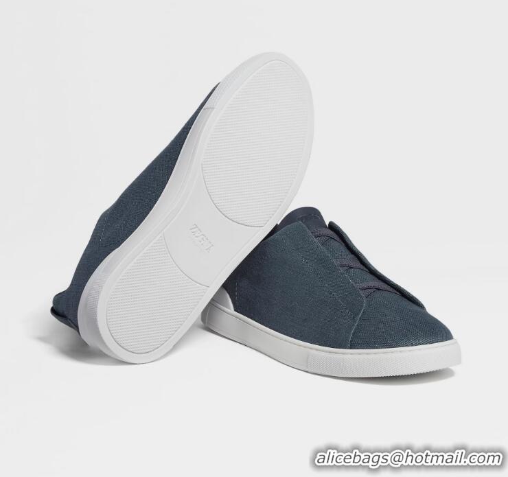 Spot Discount Zegna Cotton Linen And Leather Triple Stitch Sneakers Z8411 Dark Teal Blue