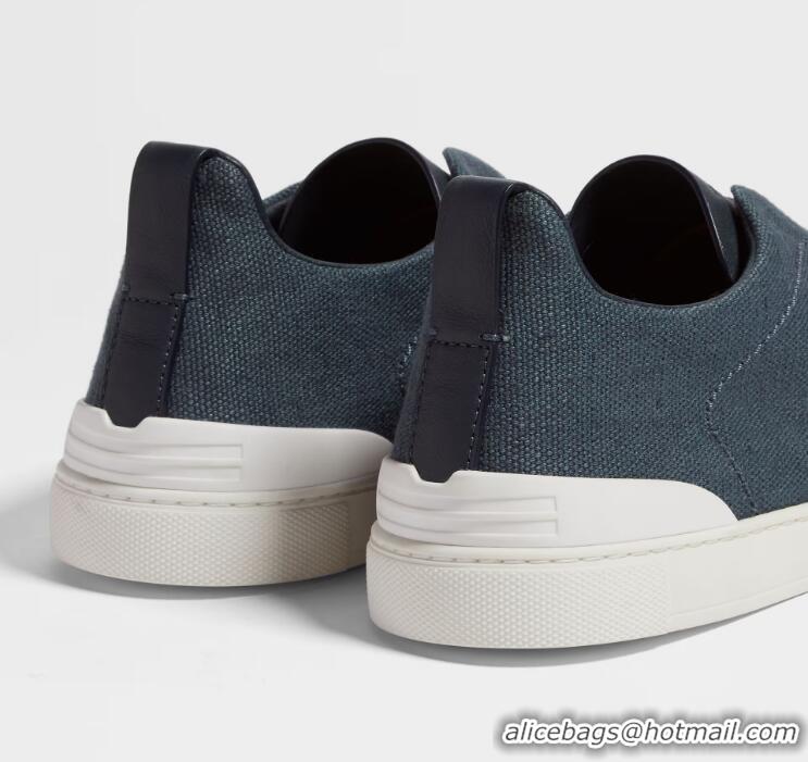 Spot Discount Zegna Cotton Linen And Leather Triple Stitch Sneakers Z8411 Dark Teal Blue