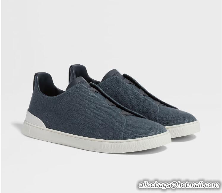 Spot Discount Zegna Cotton Linen And Leather Triple Stitch Sneakers Z8411 Dark Teal Blue