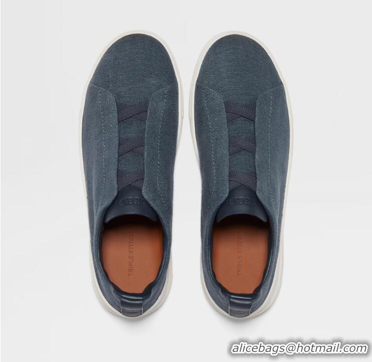 Spot Discount Zegna Cotton Linen And Leather Triple Stitch Sneakers Z8411 Dark Teal Blue