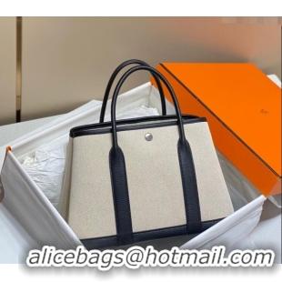 Best Quality Hermes Garden Party Bag 30cm in Canvas and Grained Leather H0522 Beige/Black 2025