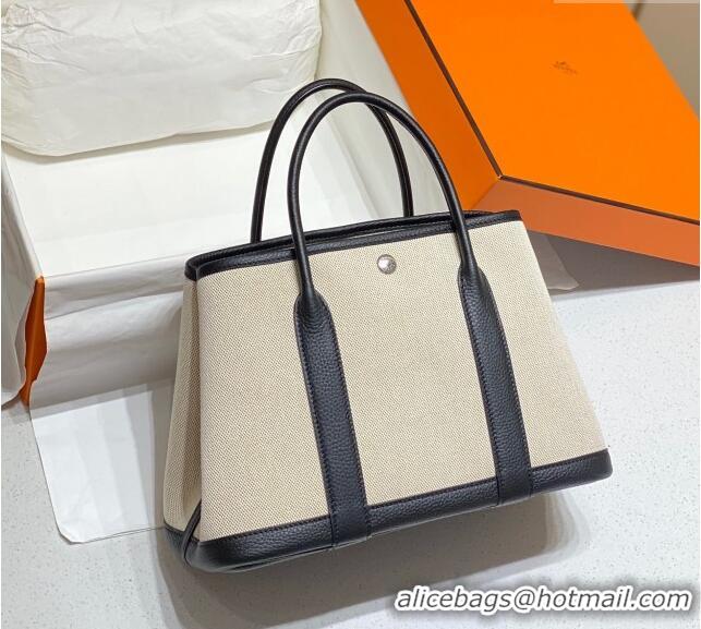 Best Quality Hermes Garden Party Bag 30cm in Canvas and Grained Leather H0522 Beige/Black 2025