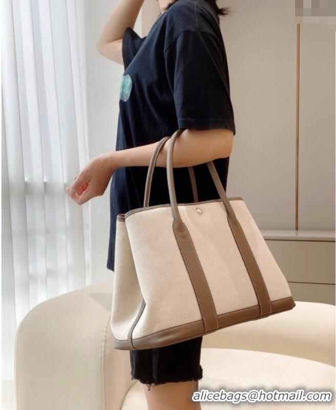New Cheap Hermes Garden Party Bag 36cm in Canvas and Grained Leather H0523 Beige/Elephant Grey 2025
