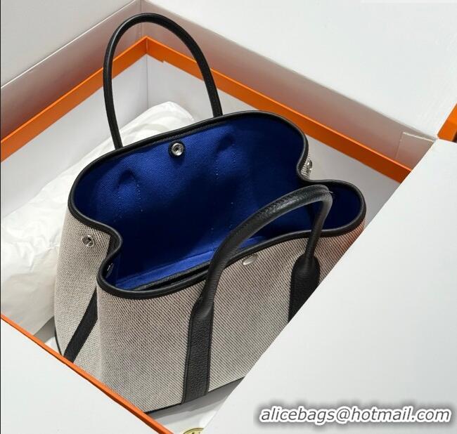 High Quality Hermes Garden Party Bag 30cm in Canvas and Grained Leather H2070 Grey/Black/Electric Blue 2025 (Half Handma