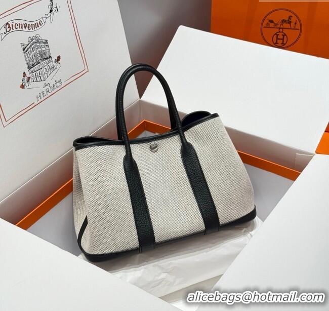 High Quality Hermes Garden Party Bag 30cm in Canvas and Grained Leather H2070 Grey/Black/Electric Blue 2025 (Half Handma