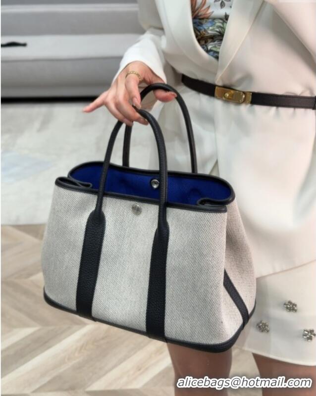High Quality Hermes Garden Party Bag 30cm in Canvas and Grained Leather H2070 Grey/Black/Electric Blue 2025 (Half Handma