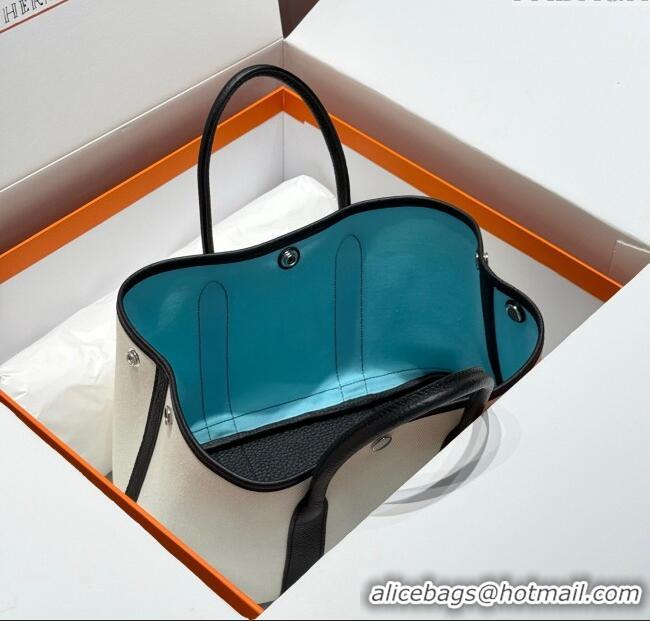 Best Price Hermes Garden Party Bag 30cm in Canvas and Grained Leather H2070 Wool White/Black/Breeze Blue 2025 (Half Hand