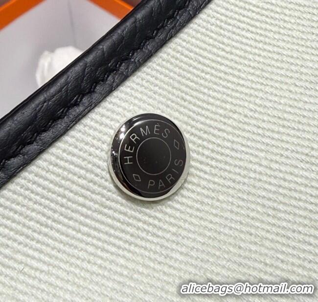 Best Price Hermes Garden Party Bag 30cm in Canvas and Grained Leather H2070 Wool White/Black/Breeze Blue 2025 (Half Hand